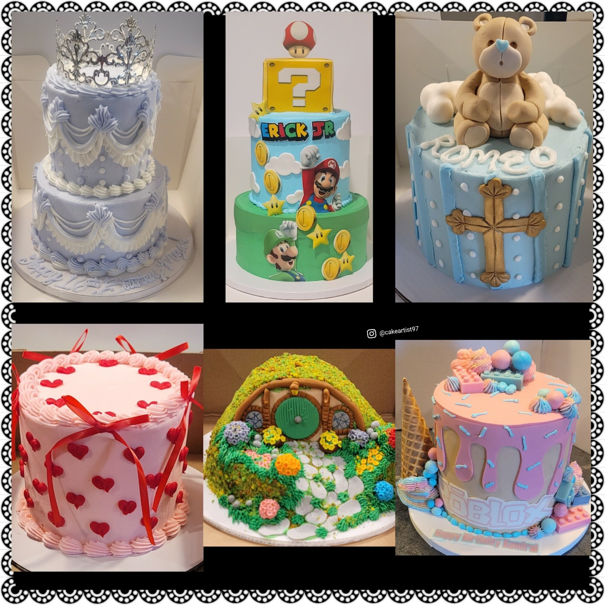 Six decorated cakes with various themes, including a wedding, toys, hearts, nature, and pastel colors.