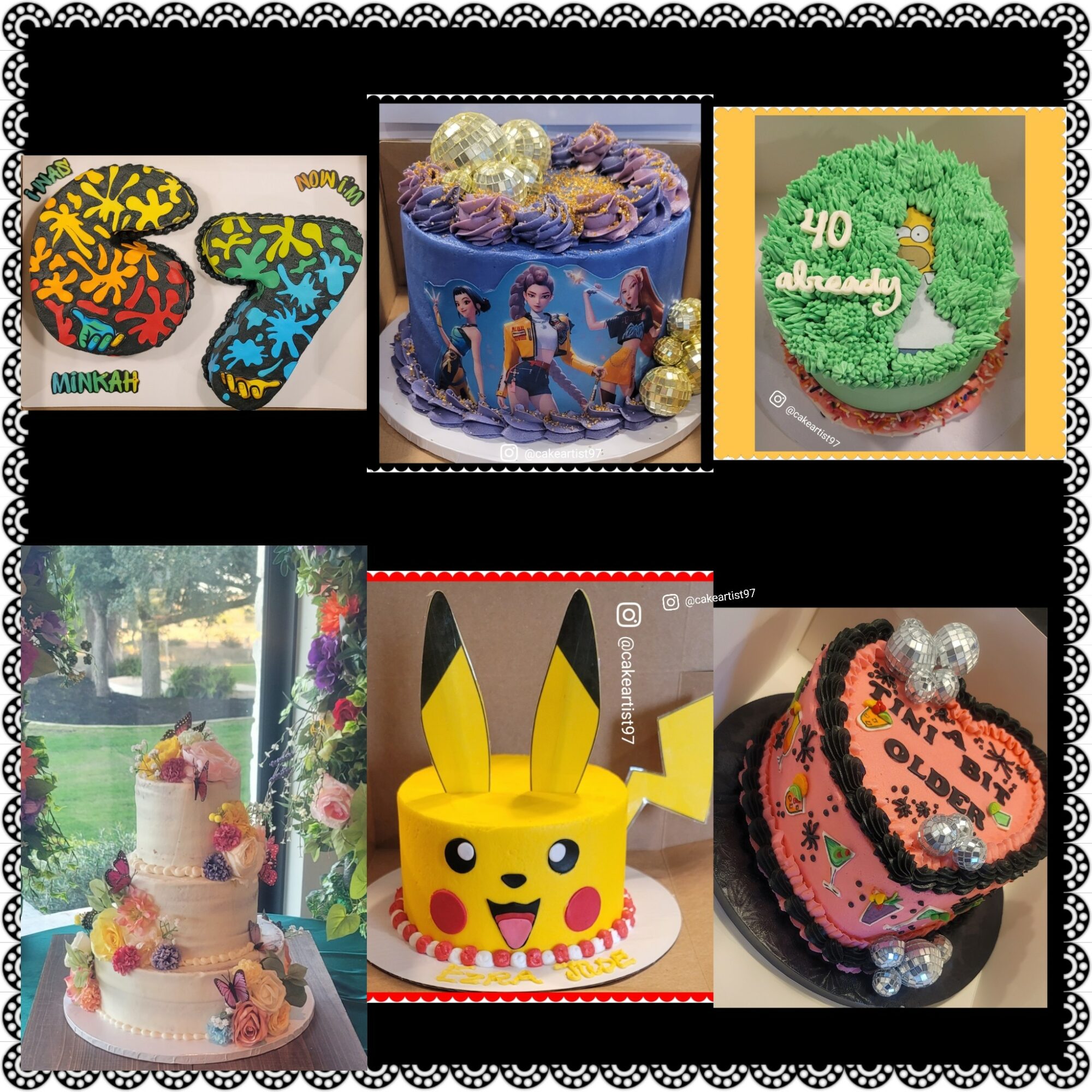 Six images of birthday cakes and decorations, including colorful cookies, a princess cake, a dinosaur cake, a Pikachu cake, and floral decorations.