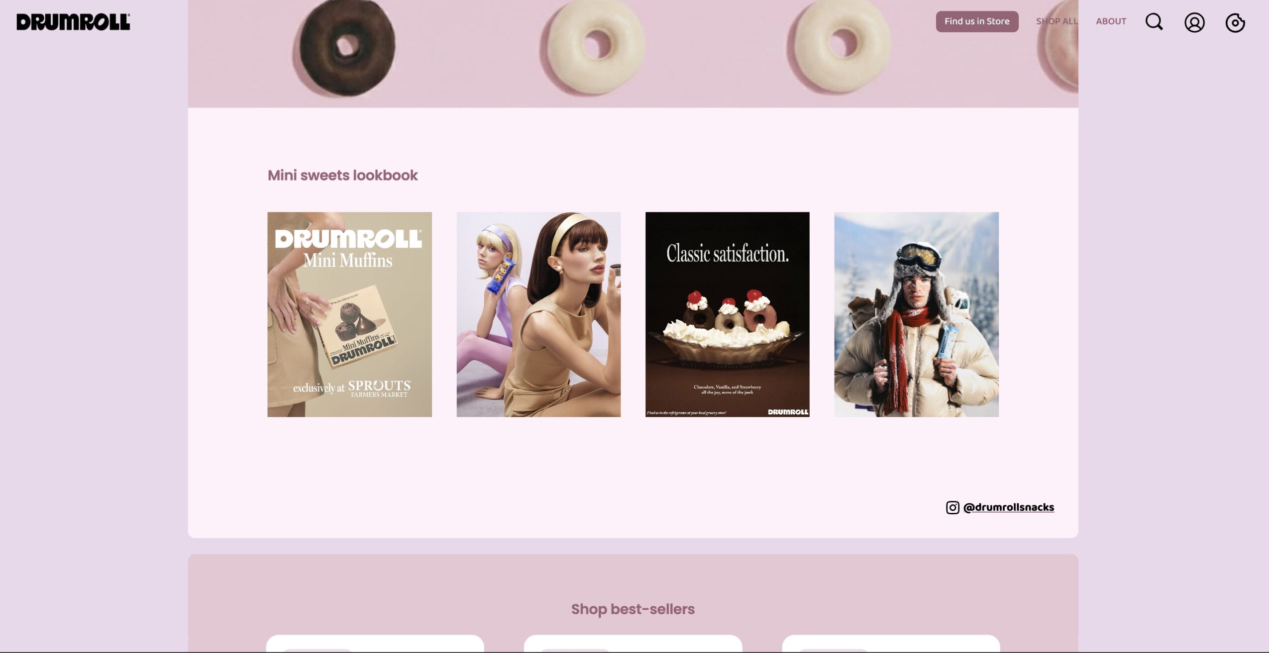 Website homepage with pink background, donuts at top, four book covers, and social media icons.