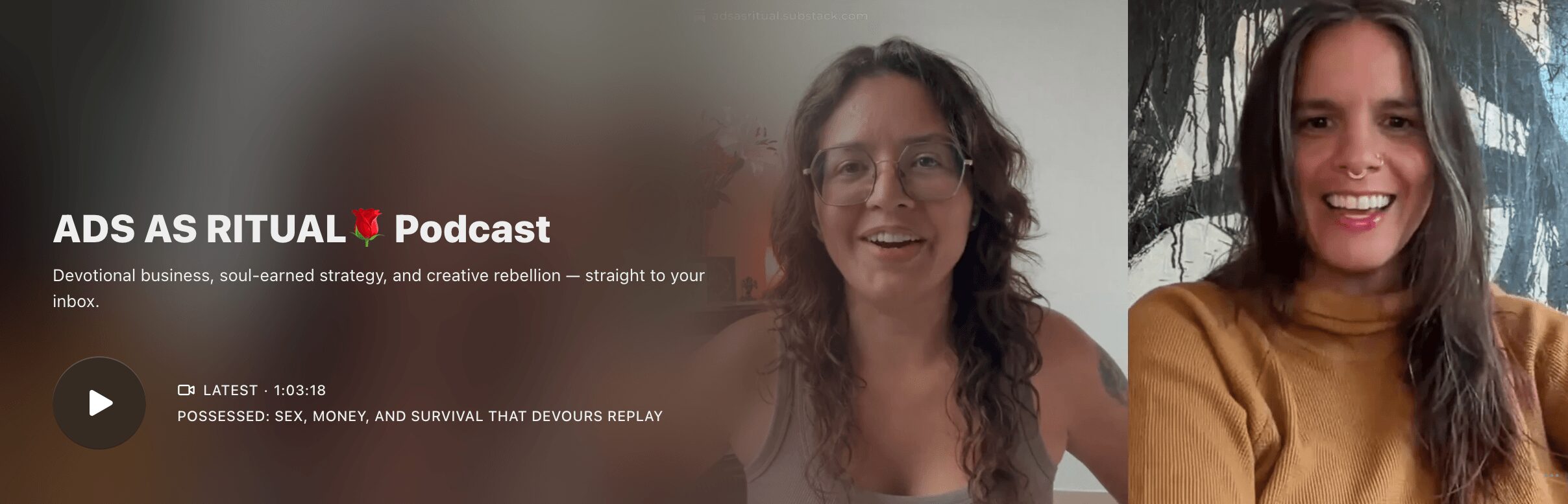 Two women smiling, one with glasses and curly hair, the other with straight hair, in a split-screen format.