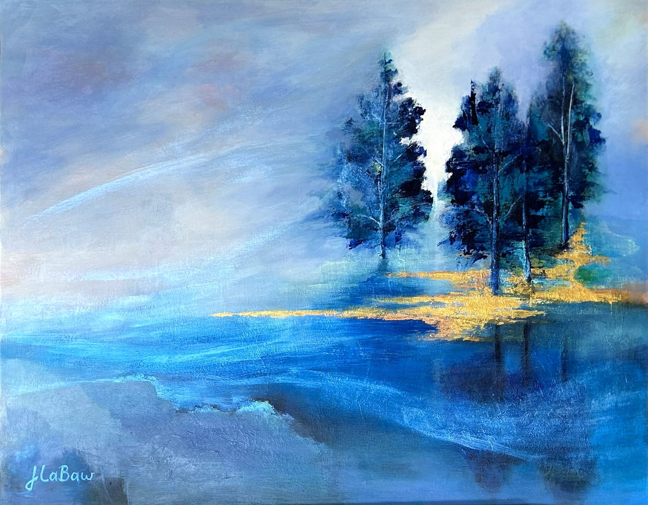 Landscape painting with trees, sky, and water in shades of blue and yellow, impressionistic style.