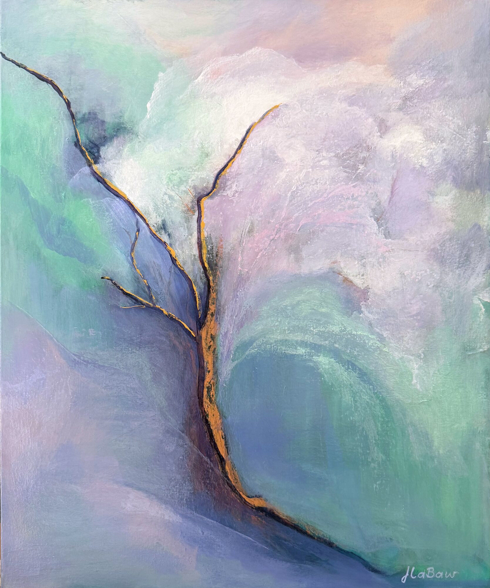 Abstract painting of a tree with a golden trunk and branches against a pastel sky with clouds.