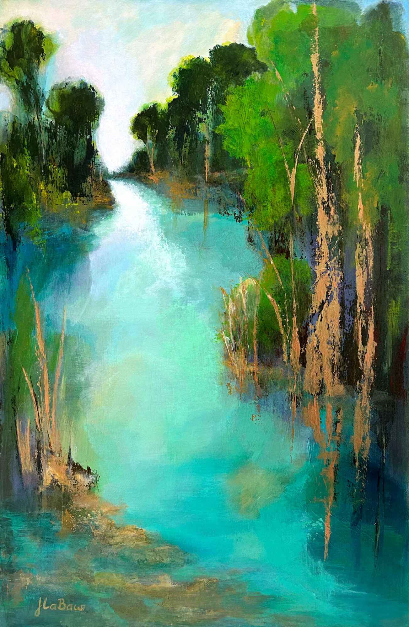 A landscape painting of a river flowing through lush green trees, with reflections in the water, in a vibrant, impressionistic style.