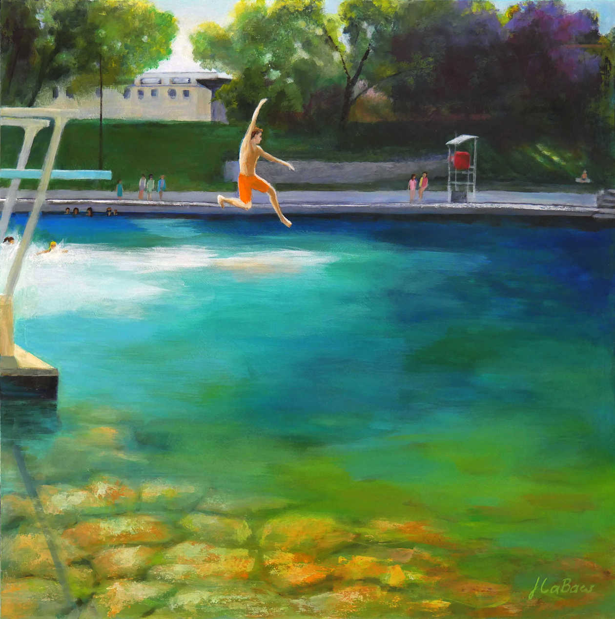 Child jumping into a swimming pool with trees and a building in the background, sunny day, watercolor style.