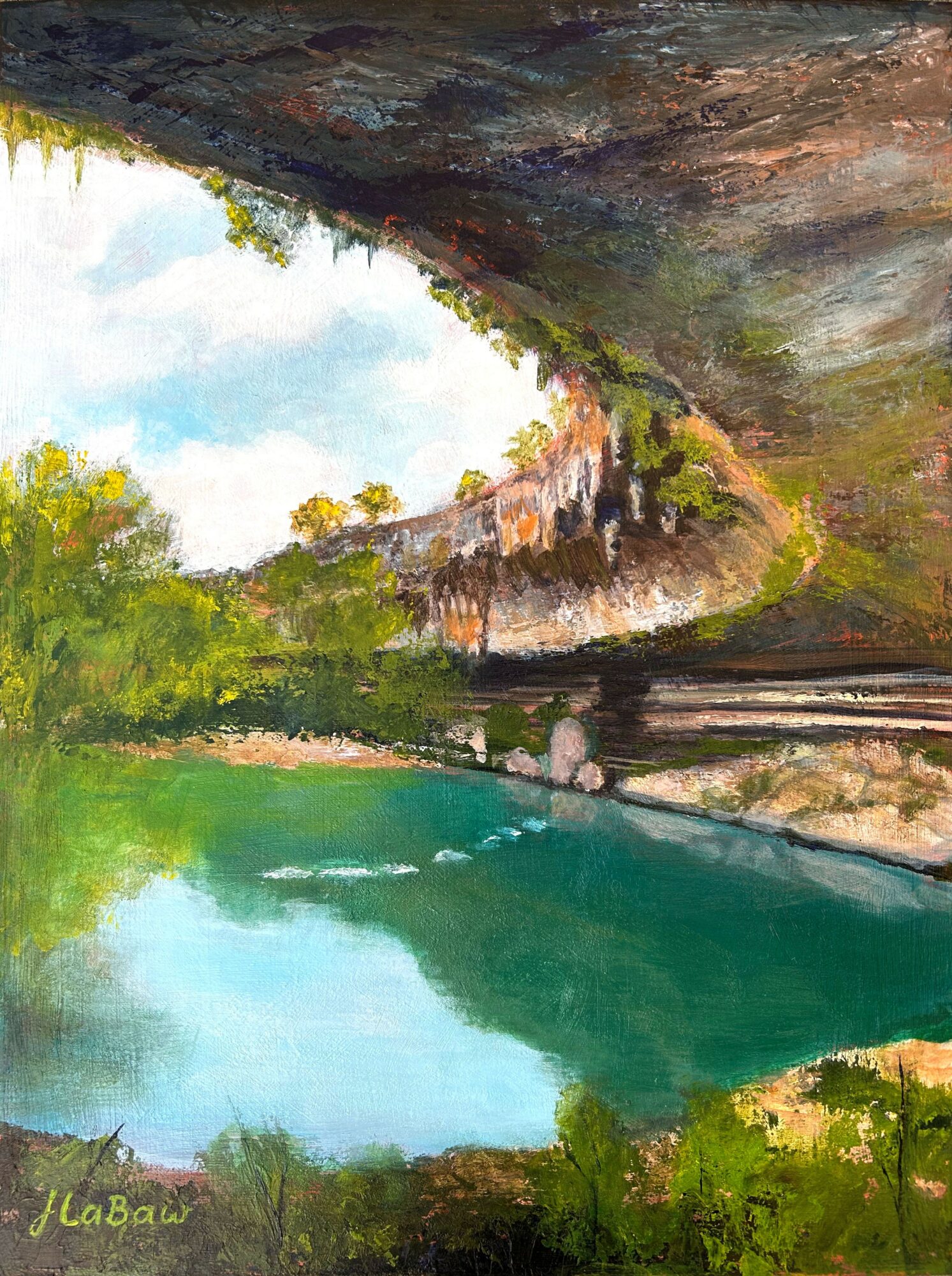 Landscape painting of a lake with trees, cliffs, and sky, viewed from below, with vibrant colors and reflections.