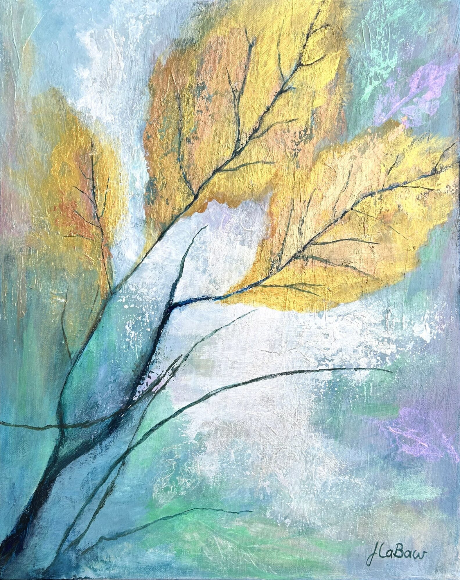 Abstract painting of a tree with yellow and orange leaves, blue and green background, and black branches.