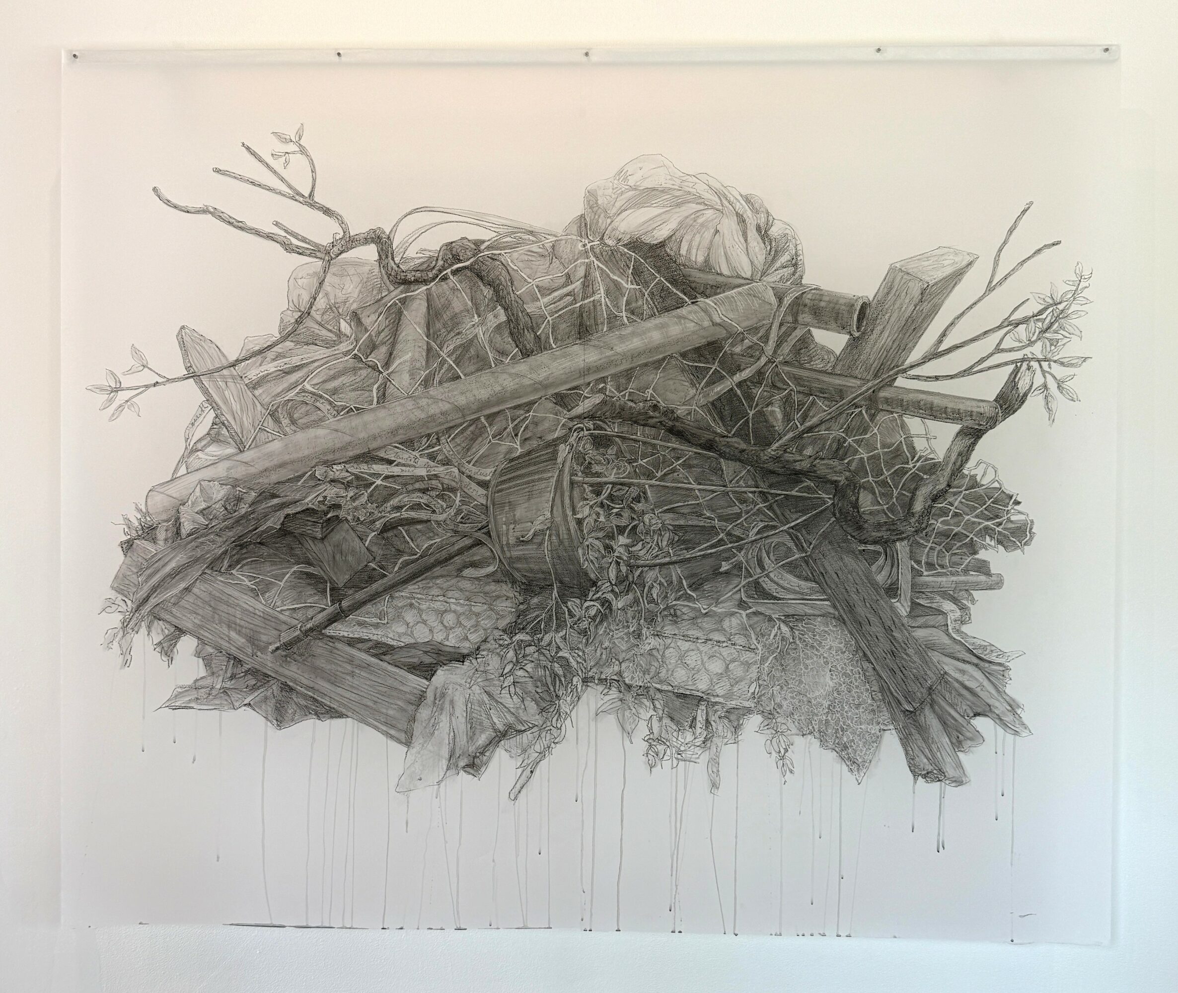 Detailed pencil drawing of a pile of wood, branches, and natural debris on a white background.