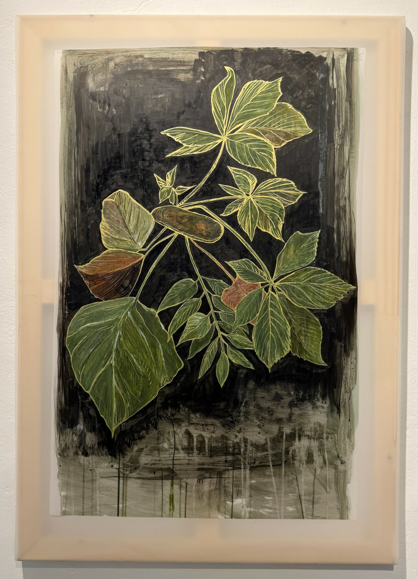 Painting of green and yellow variegated leaves on a dark background, framed in light wood.