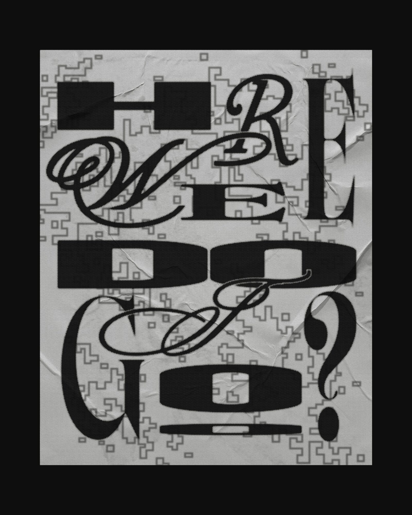 Black and white abstract design with stylized letters and question mark, featuring geometric patterns and text elements.