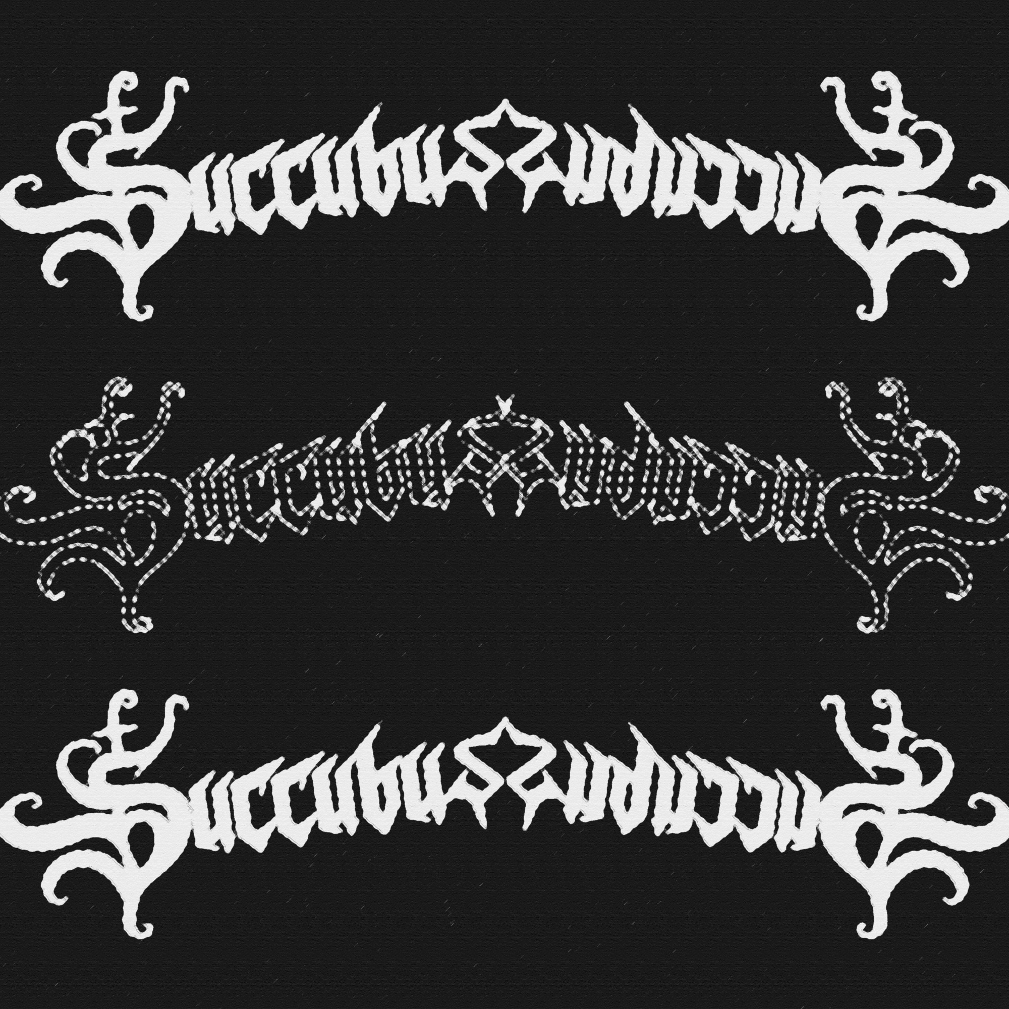 Three stylized, symmetrical, decorative designs with intricate patterns on a black background.