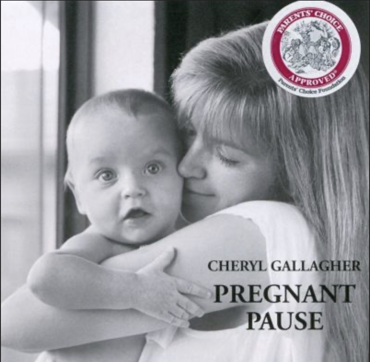 Woman holding a baby, both looking at the camera, with a seal in the top right corner and text about pregnancy pause.