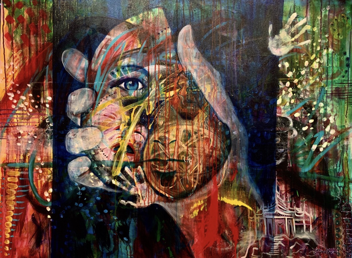 Abstract painting of a face with vibrant colors, featuring a large eye and expressive features.