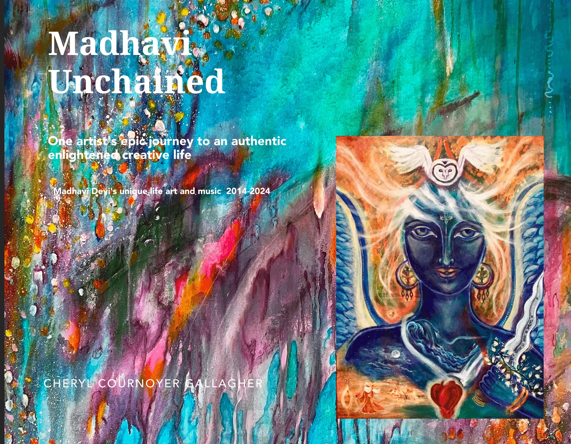 Colorful abstract background with text and a painting of a dark-skinned deity with a heart symbol, wings, and jewelry.