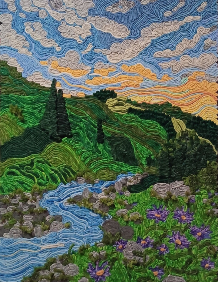 Landscape with green hills, a flowing stream, purple flowers, and a sky with swirling clouds at sunset.