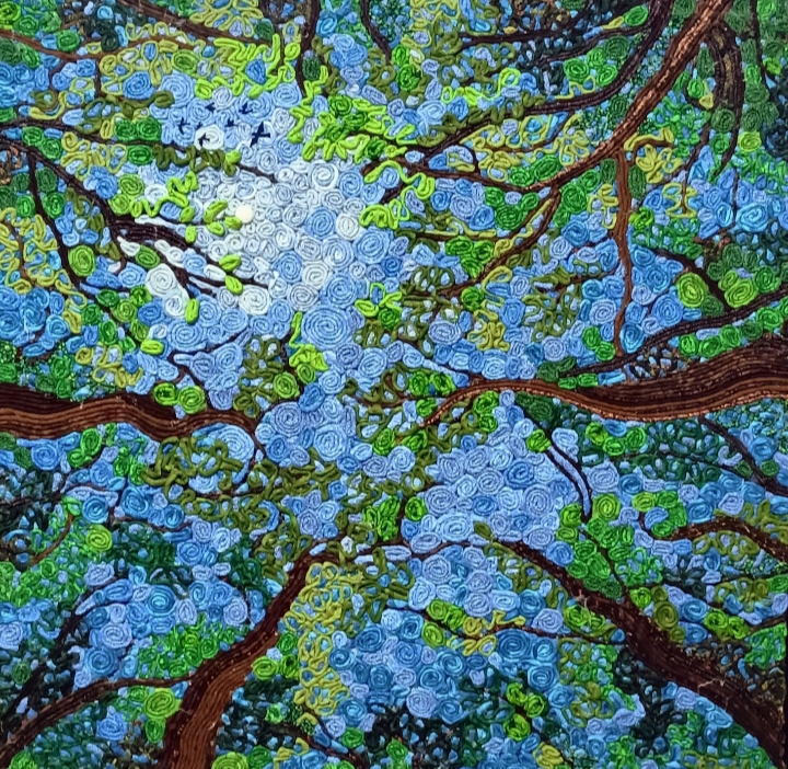 Looking up at a tree canopy with branches and green leaves against a blue sky, in a pointillist style.