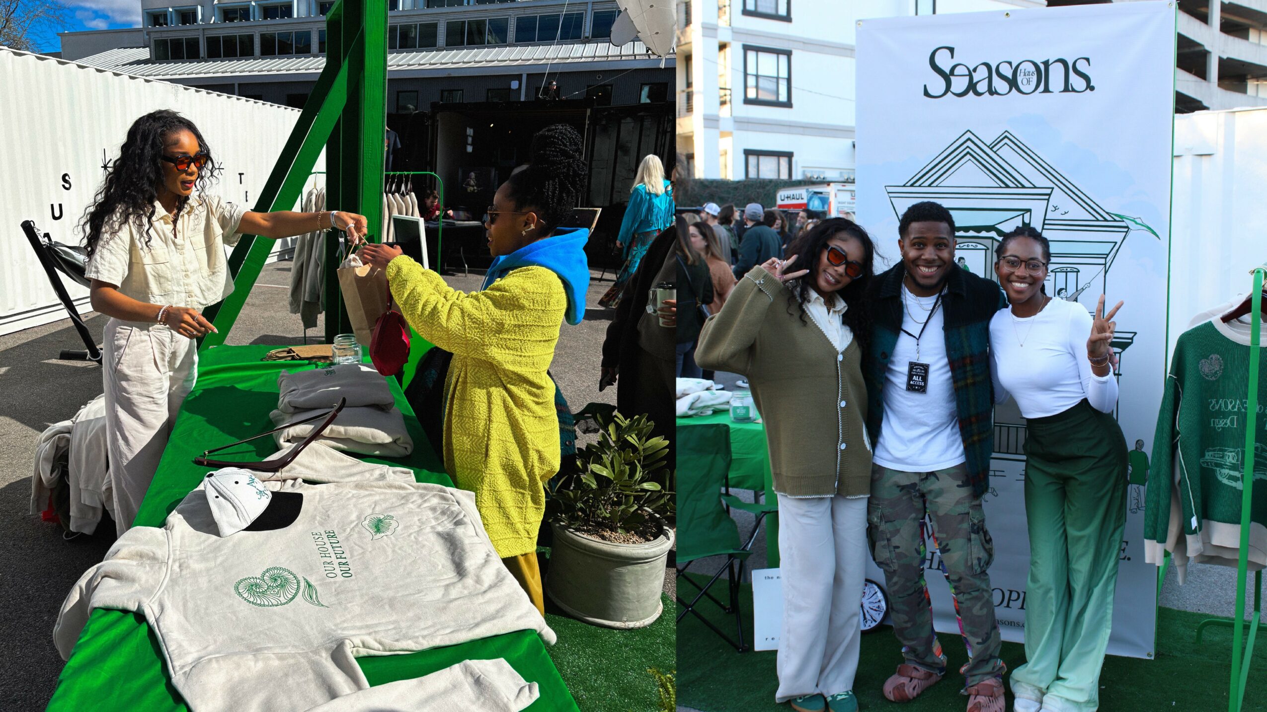 Group of people at an outdoor event, some smiling and posing, with a booth displaying clothing items and a banner in the background.