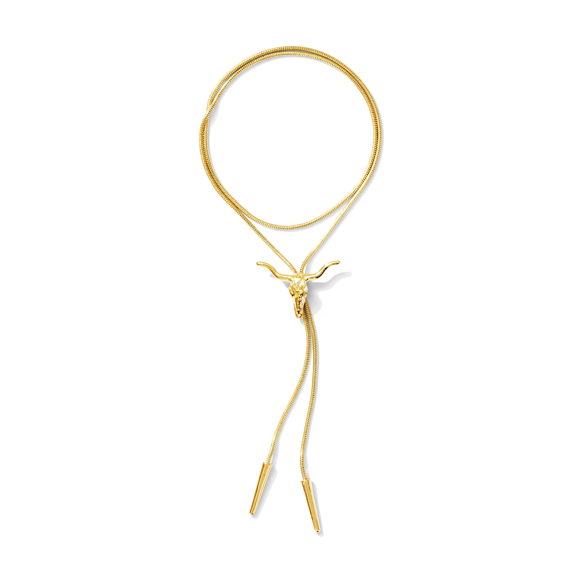 Gold necklace with a bird pendant and adjustable chain ends, on a white background.