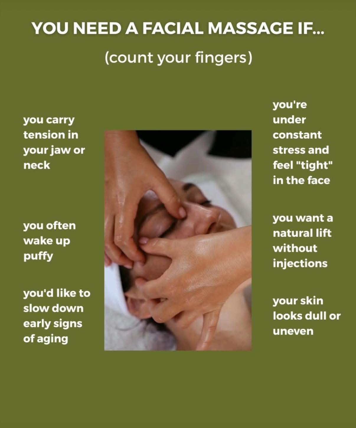Person receiving facial massage with hands on face, surrounded by text about facial massage benefits, on green background.