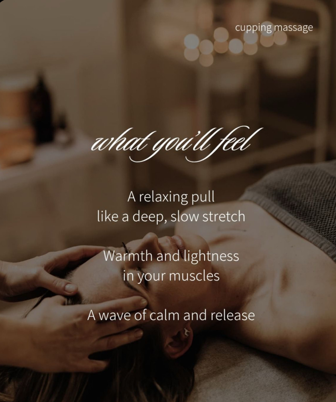 Person receiving a massage in a spa setting with warm lighting, text overlay about relaxation and massage benefits.