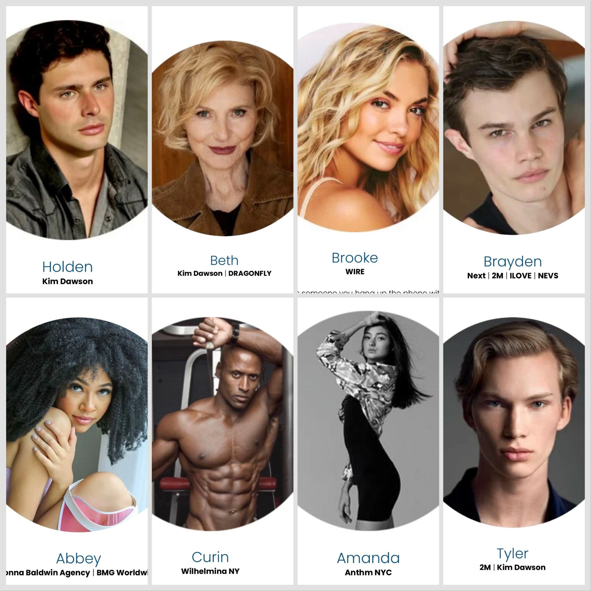 Collage of eight people, each with name and description below, in a grid layout.
