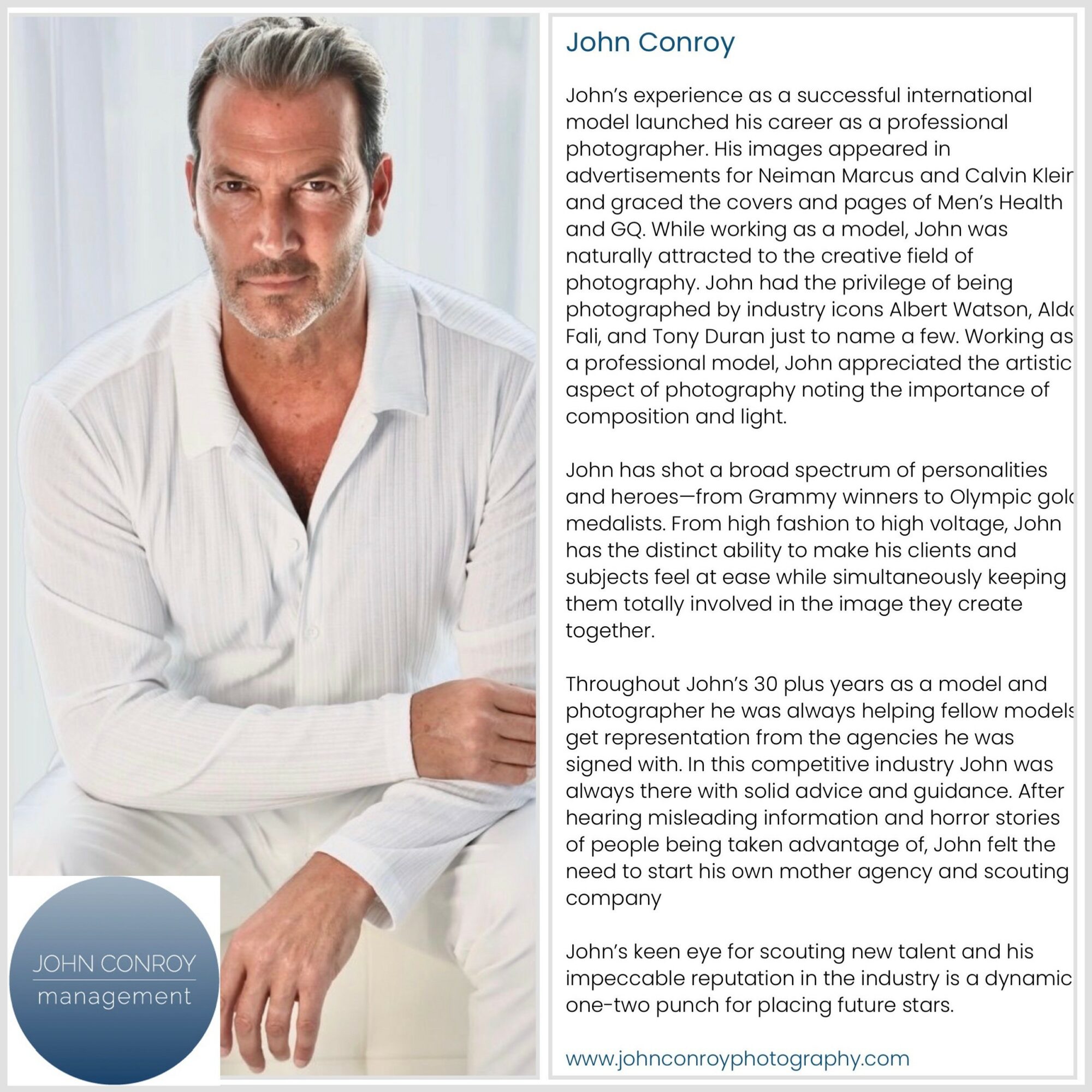 Man in a white blazer sitting with hands on knees, smiling, with text about John Conroy and photography achievements.