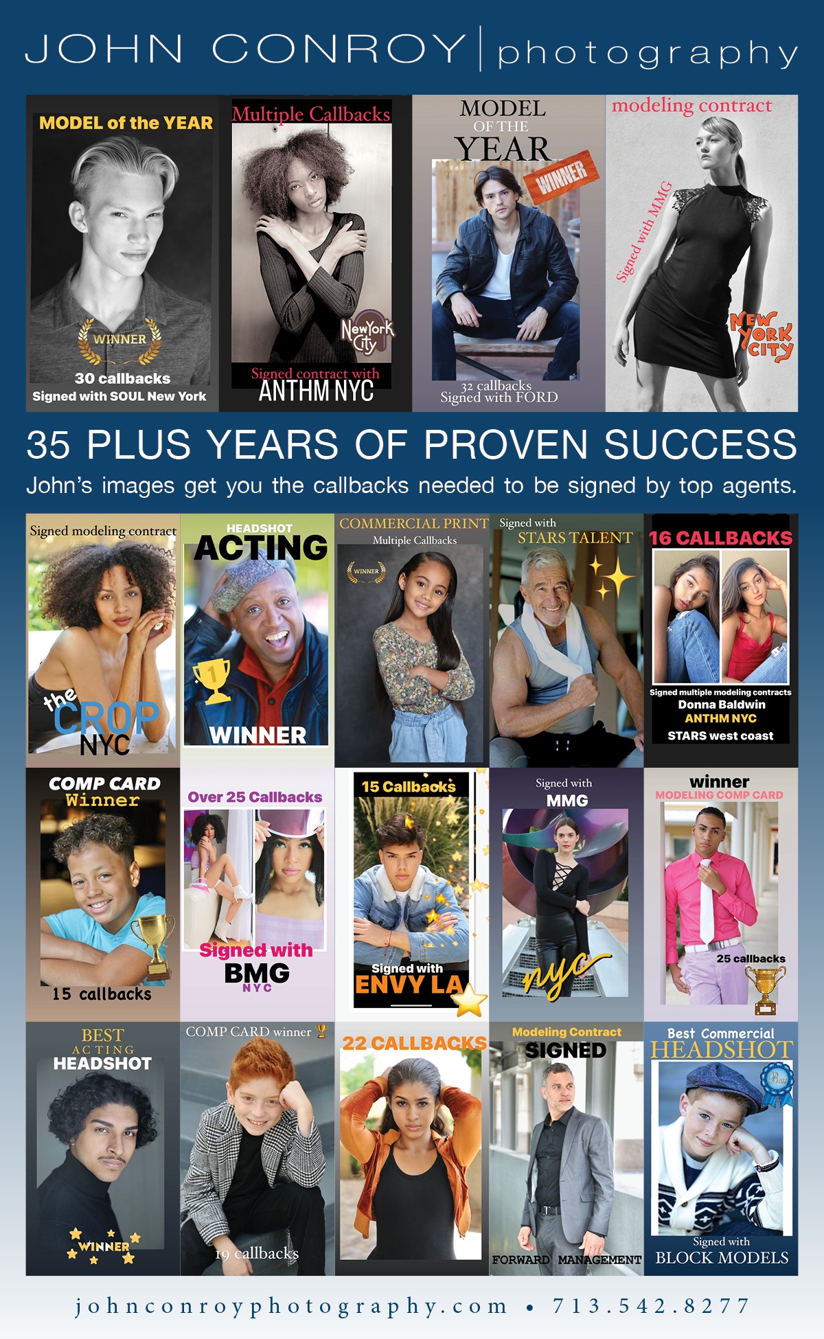 Collage of 12 images featuring people, awards, and magazine covers, celebrating 35+ years of success in photography.
