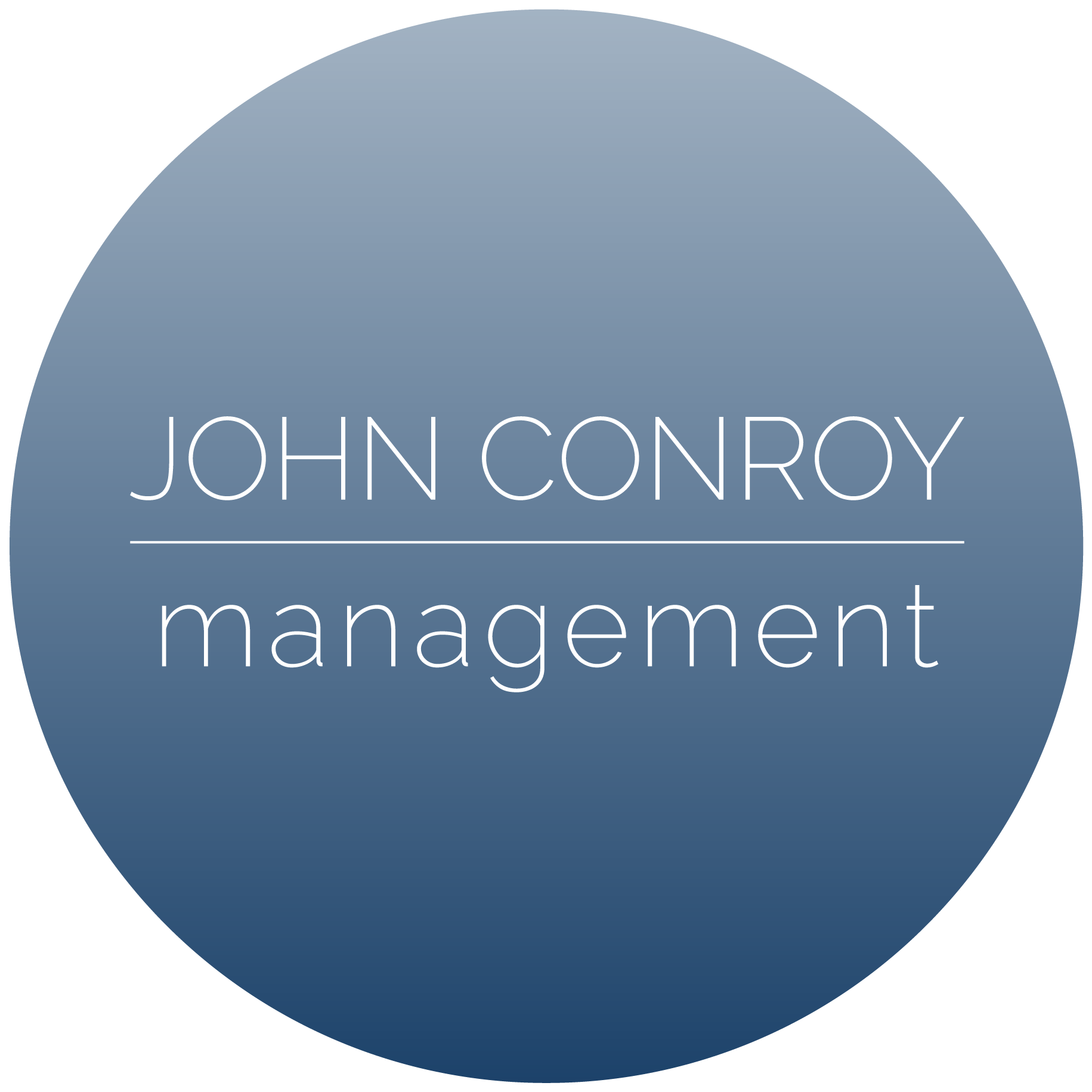 Circular logo with gradient blue background and white text reading 'JOHN CONROY management'.