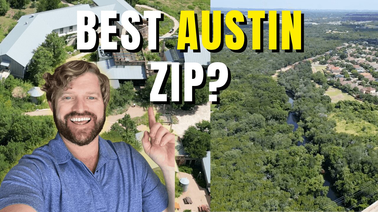 Smiling man with beard pointing upward, text reads 'Best Austin Zip?' over a green landscape background.