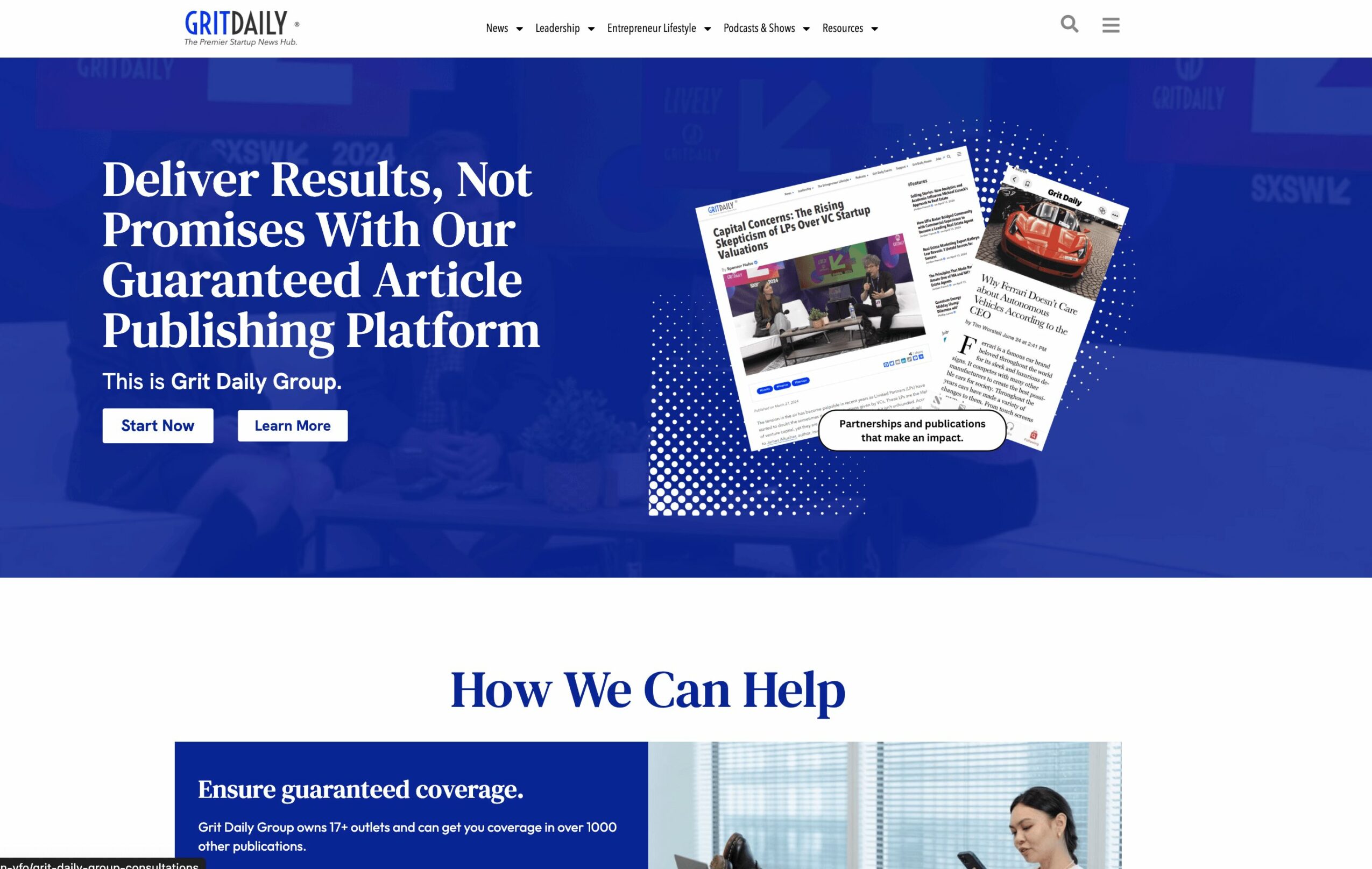 Website homepage with blue background, white text, and images of documents and people, promoting article publishing platform.