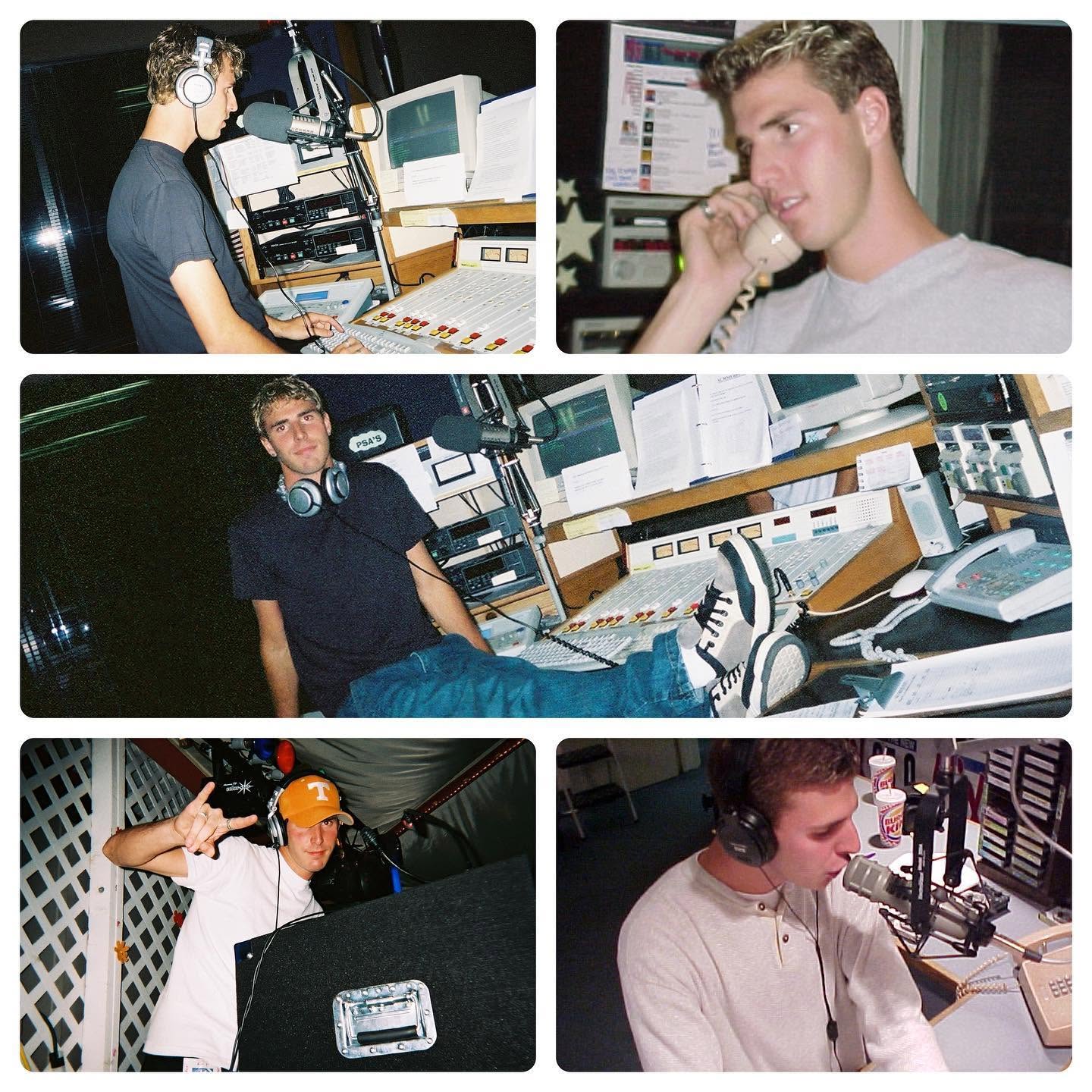 People working in radio stations with headphones and microphones, some using computers and equipment, in a studio setting.