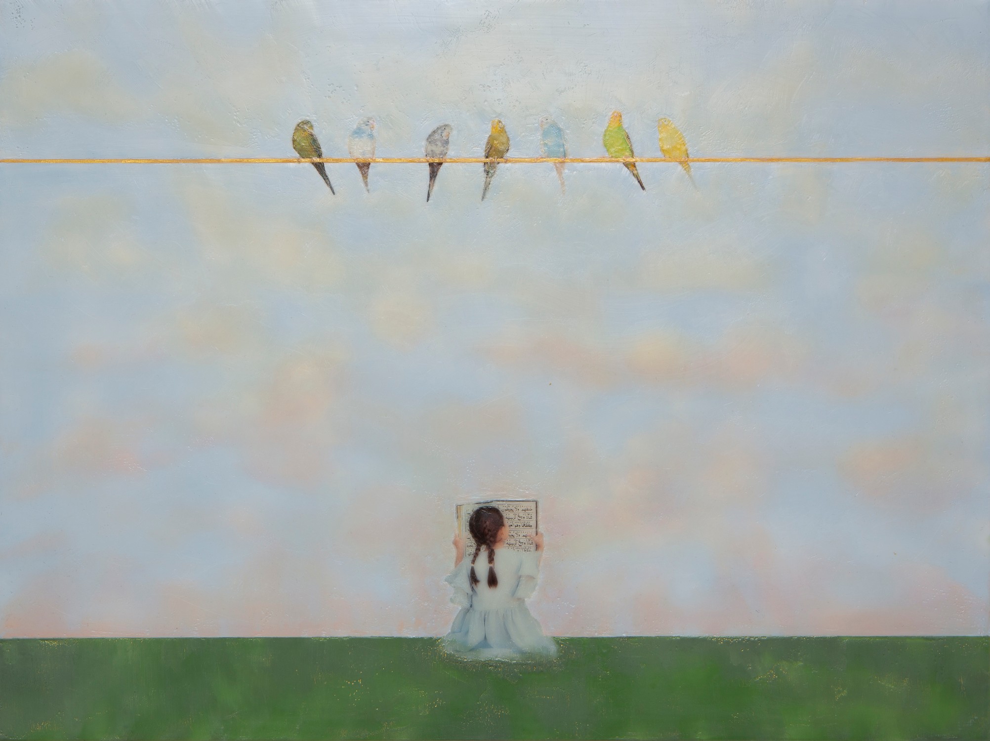 A girl in a white dress sits on grass, looking at birds on a wire in a sky with soft clouds.
