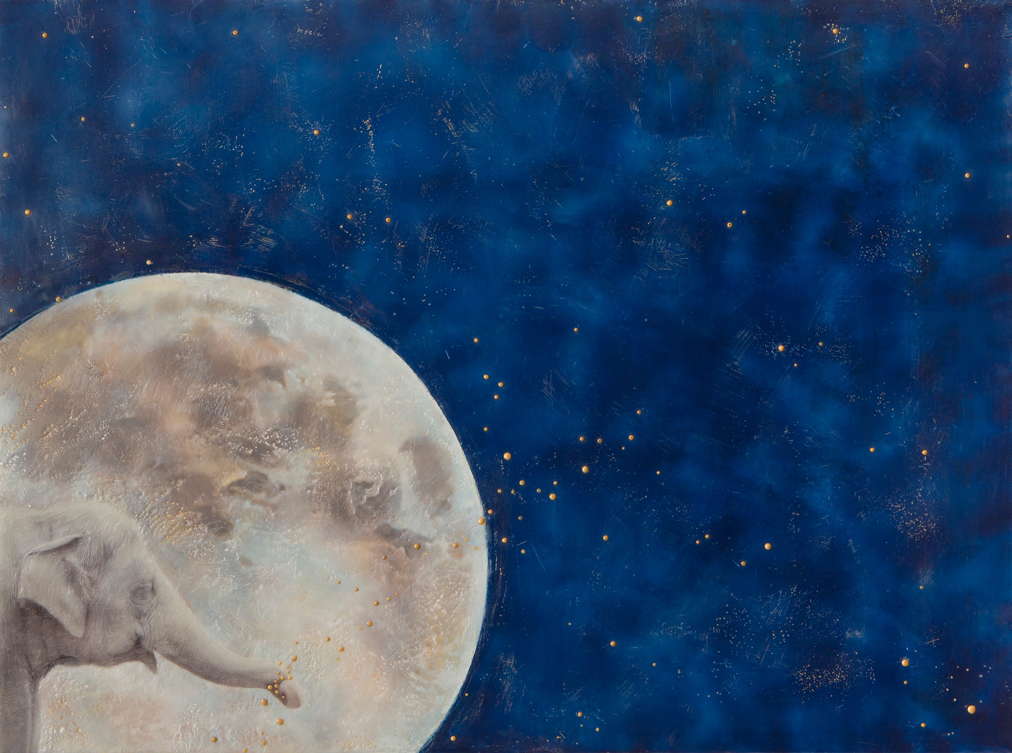 A painting of a moon with a small animal, possibly a dog, lying on it against a starry night sky.