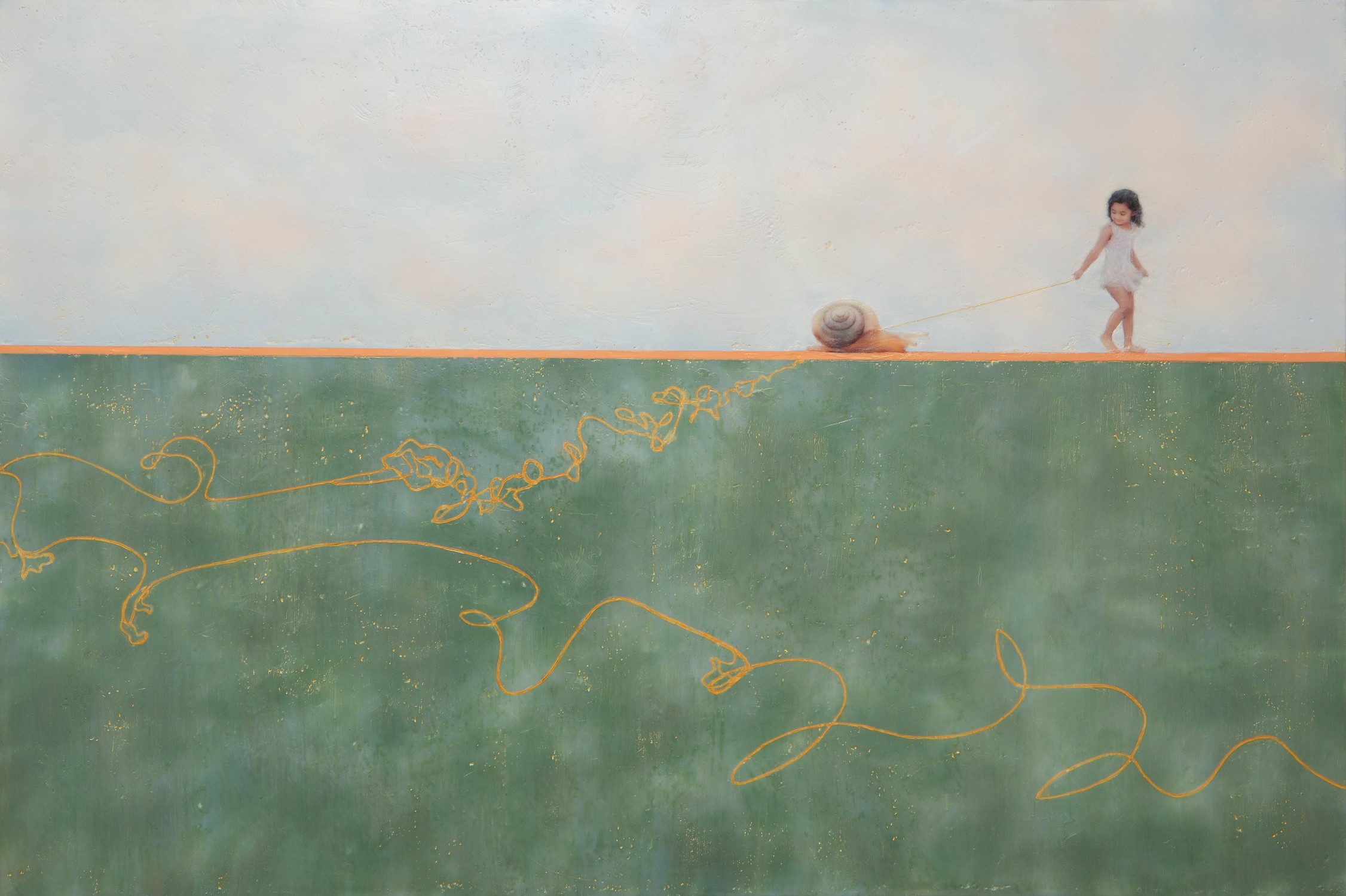 Child playing with a ball on a flat surface, with a green area below and a sky above, minimal background details.