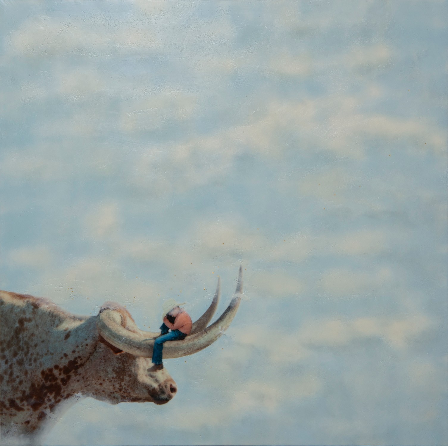 Person sitting on a large animal's horn against a cloudy sky, with a blue sky background.