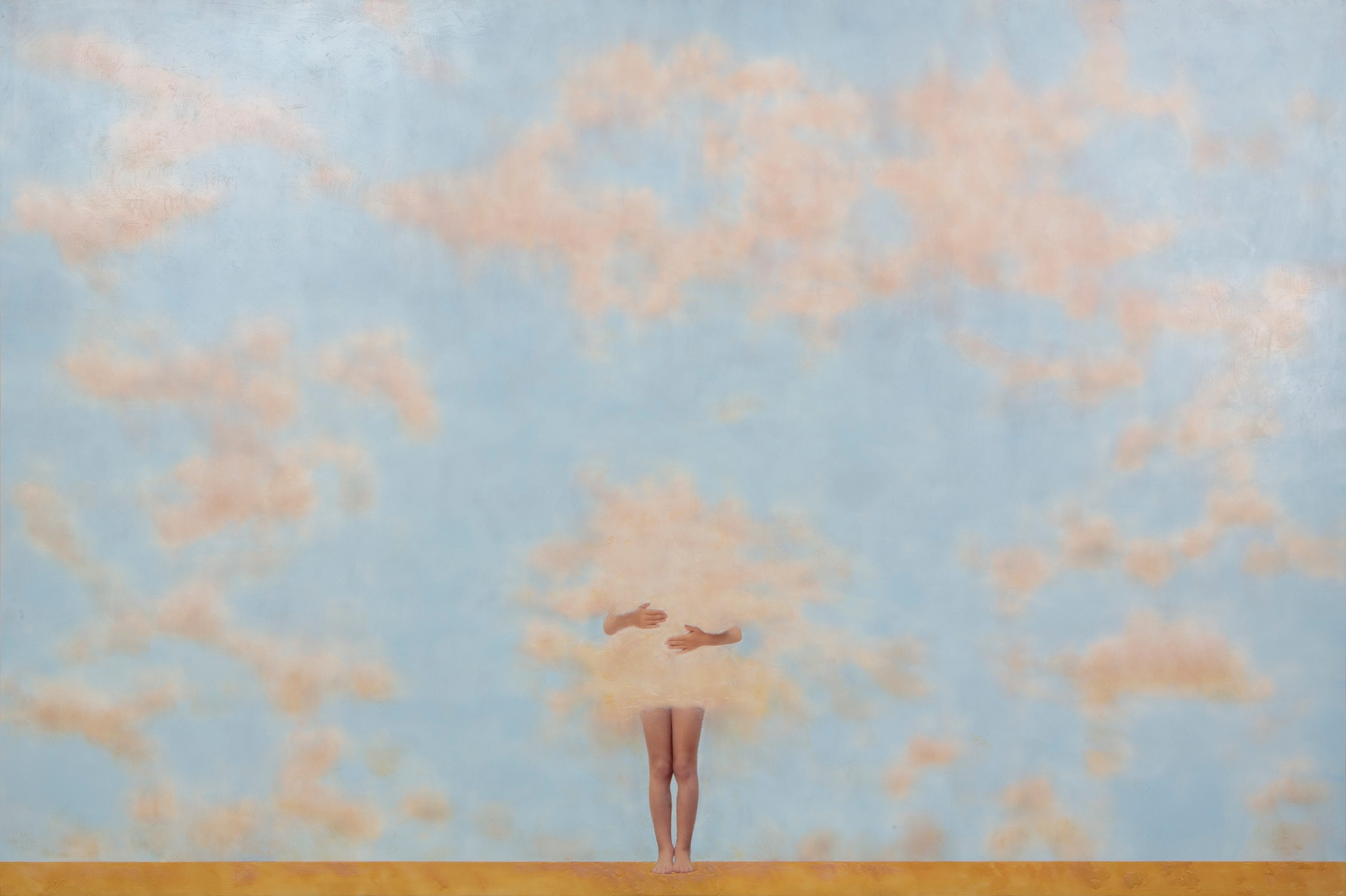 Person standing outdoors with sky and clouds background, legs visible, head obscured by clouds, surreal scene.