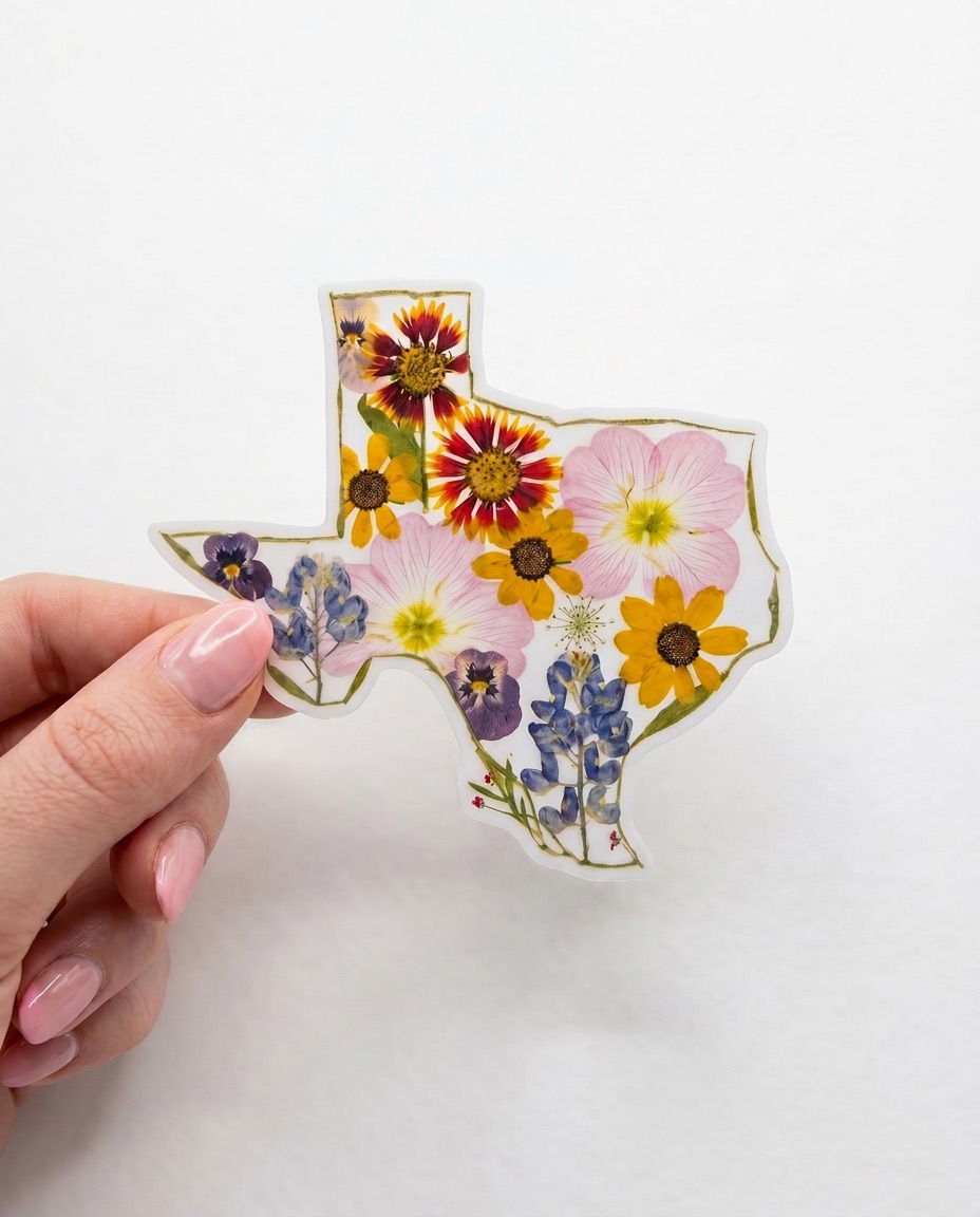Hand holding a Texas-shaped sticker with colorful flowers on a white background.