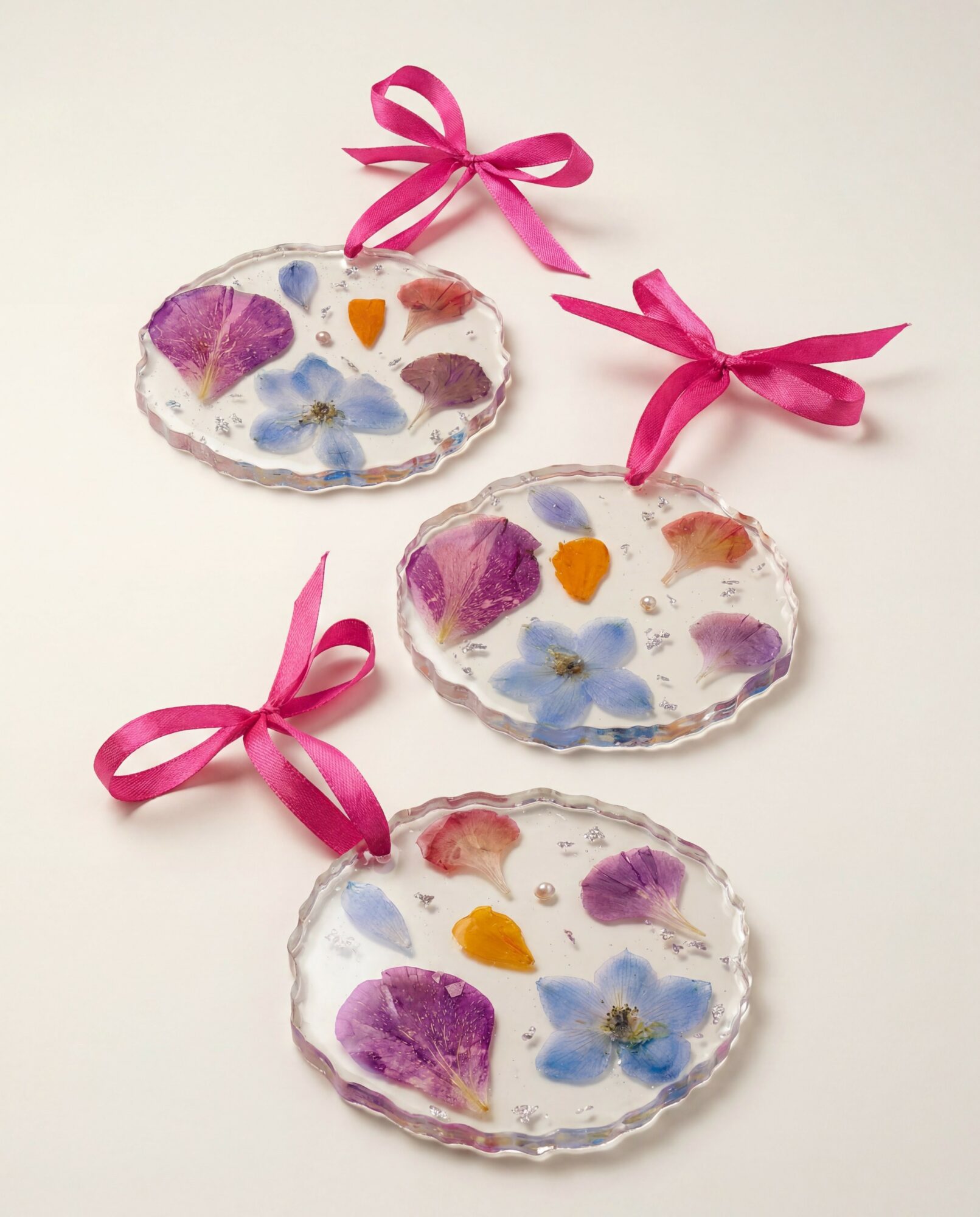 Three decorative plates with colorful floral patterns and pink ribbons on a white background.