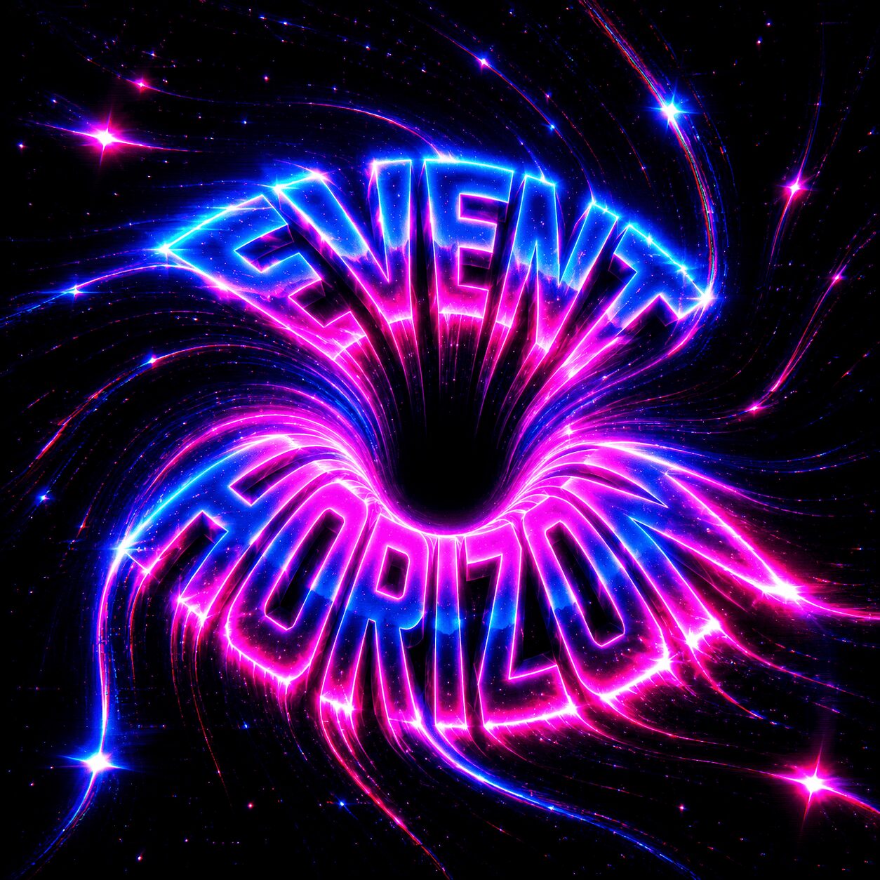 Bright neon text reads 'EVENT HORIZON' with swirling pink and blue light effects in space background.