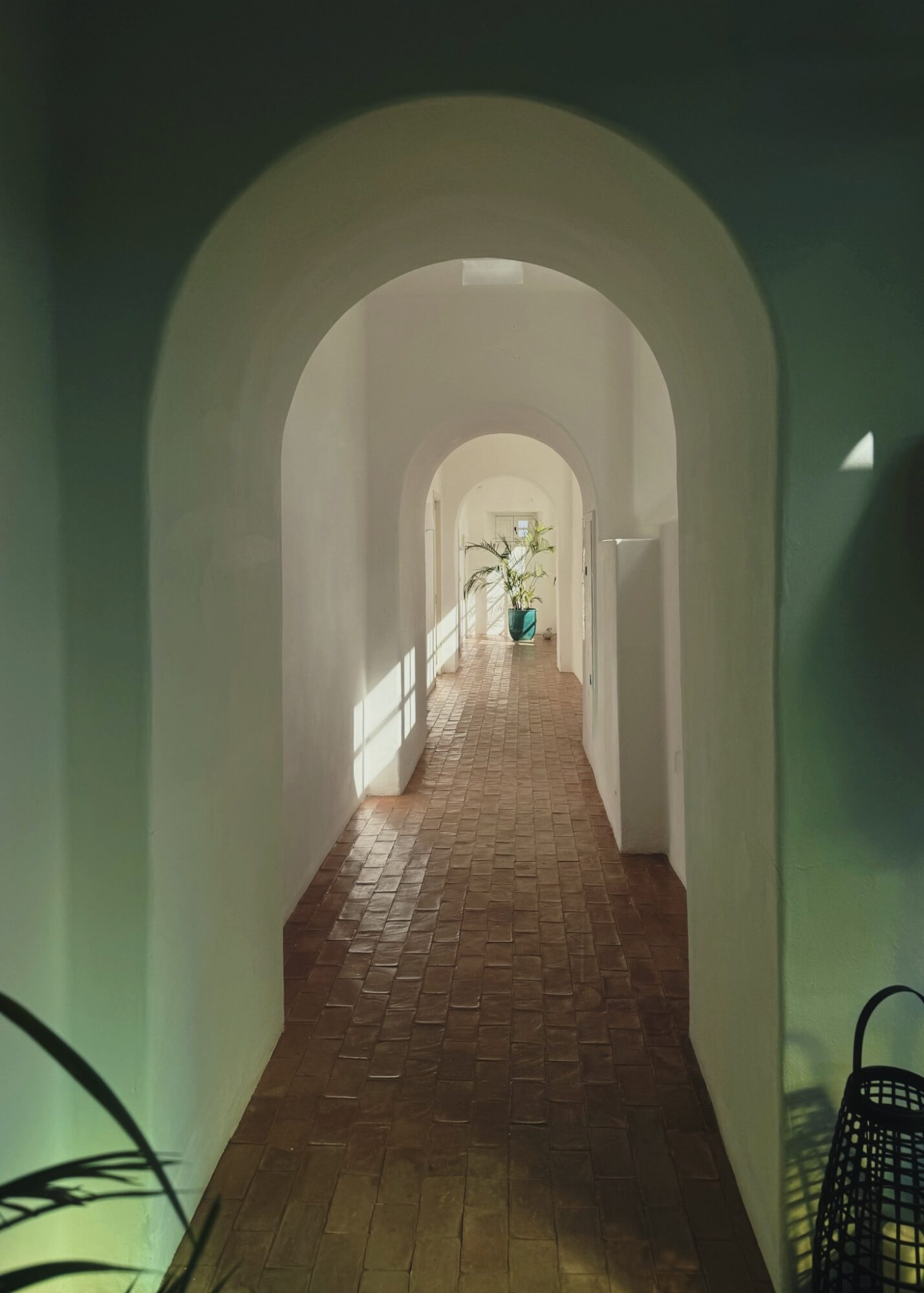 Long corridor with arched doorways, sunlight streaming in, and potted plants at the end.