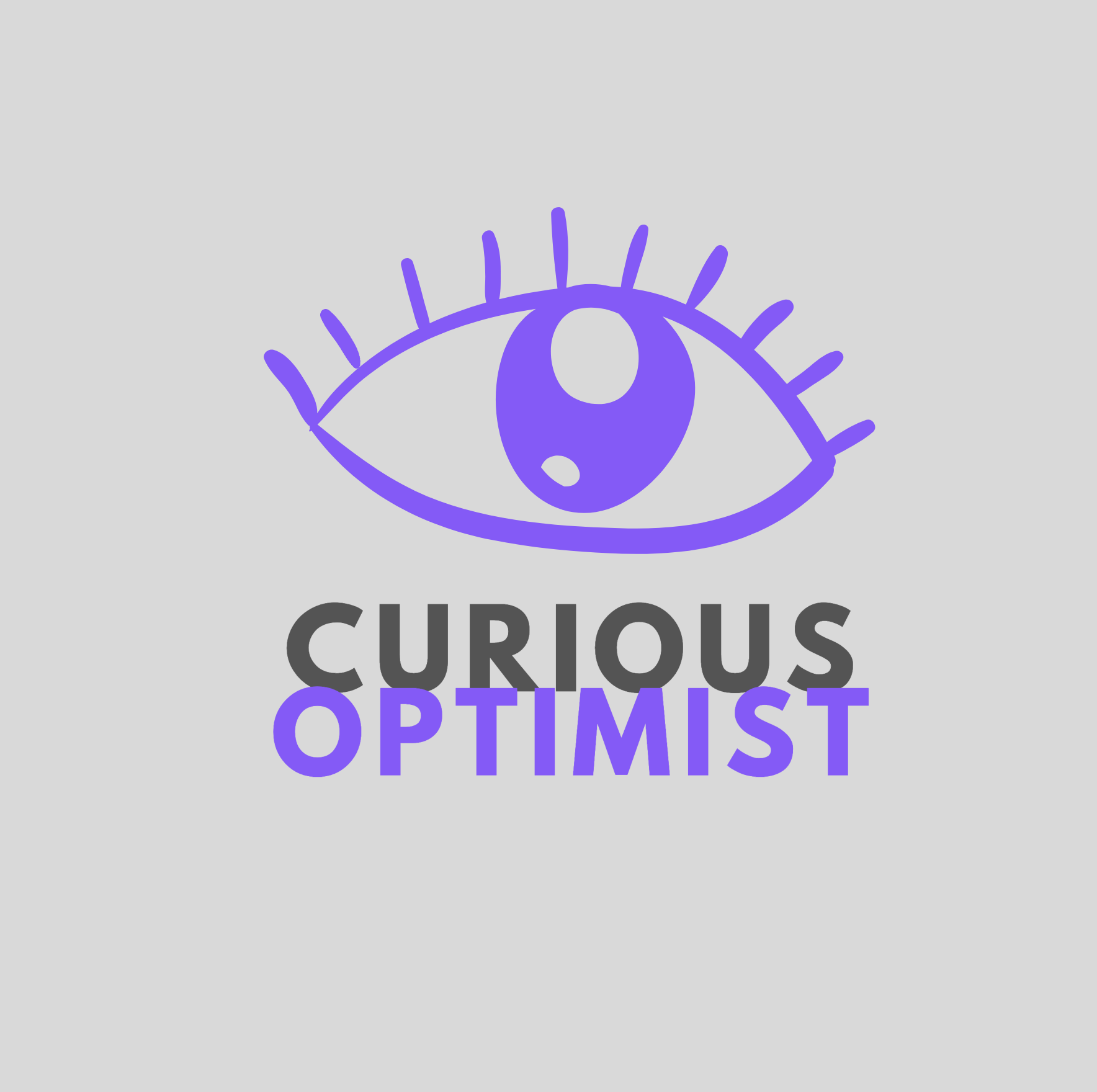 A stylized eye with the words 'Curious Optimist' below, in purple and gray on a light background.