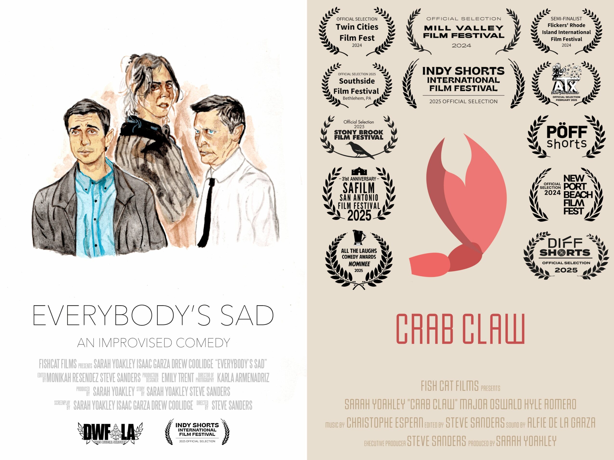 Illustration of three people, two men and a woman, with awards and film festival logos on the right, and movie titles below.