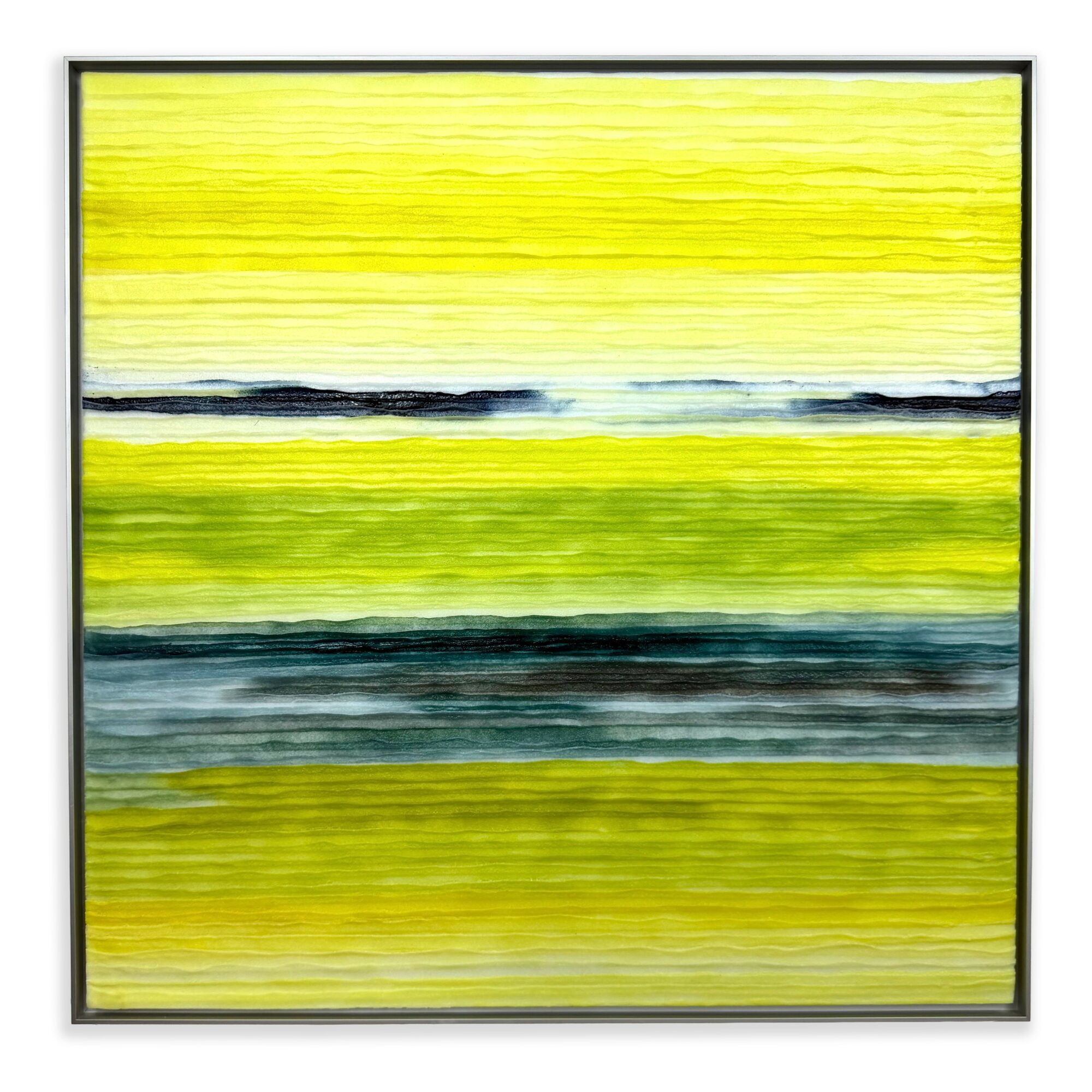 Abstract painting with horizontal yellow, green, blue, and black streaks, resembling a landscape or seascape.
