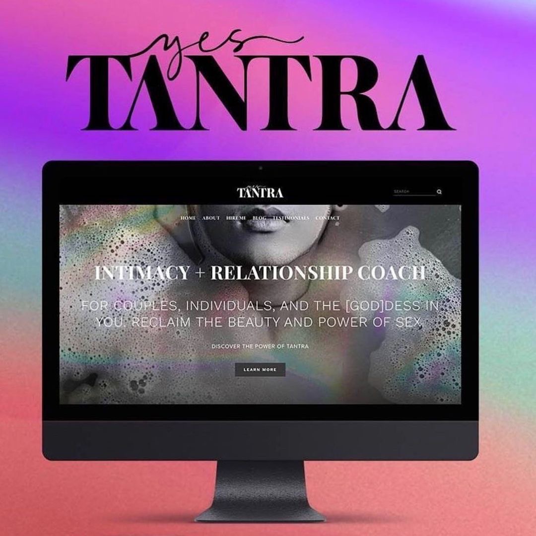 Computer screen displaying a website for Tantra coaching, with a black and white image of a person's face and colorful background.