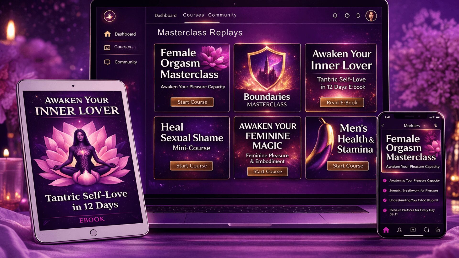 Digital interface with courses on sexuality and self-love, featuring a purple-themed background and a book cover titled 'Awaken Your Inner Lover'.