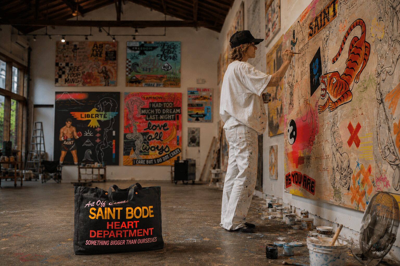 Person painting a colorful mural on a wall in an art studio with various artworks displayed. A sign reads 'Saint Bode Heart Department.'