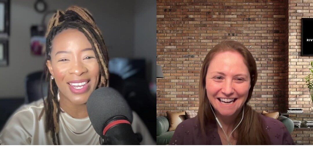 Two women smiling during a video call, one with dreadlocks and the other with straight hair, in indoor settings.
