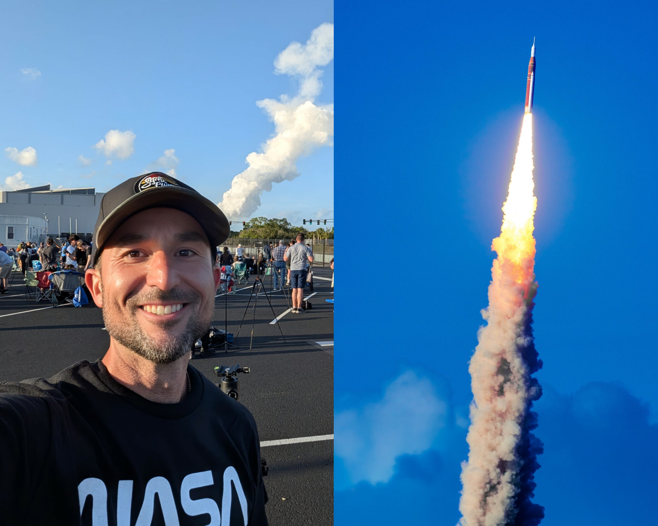 Person smiling in front of a crowd, wearing a NASA shirt and cap, with a rocket launch in the background.