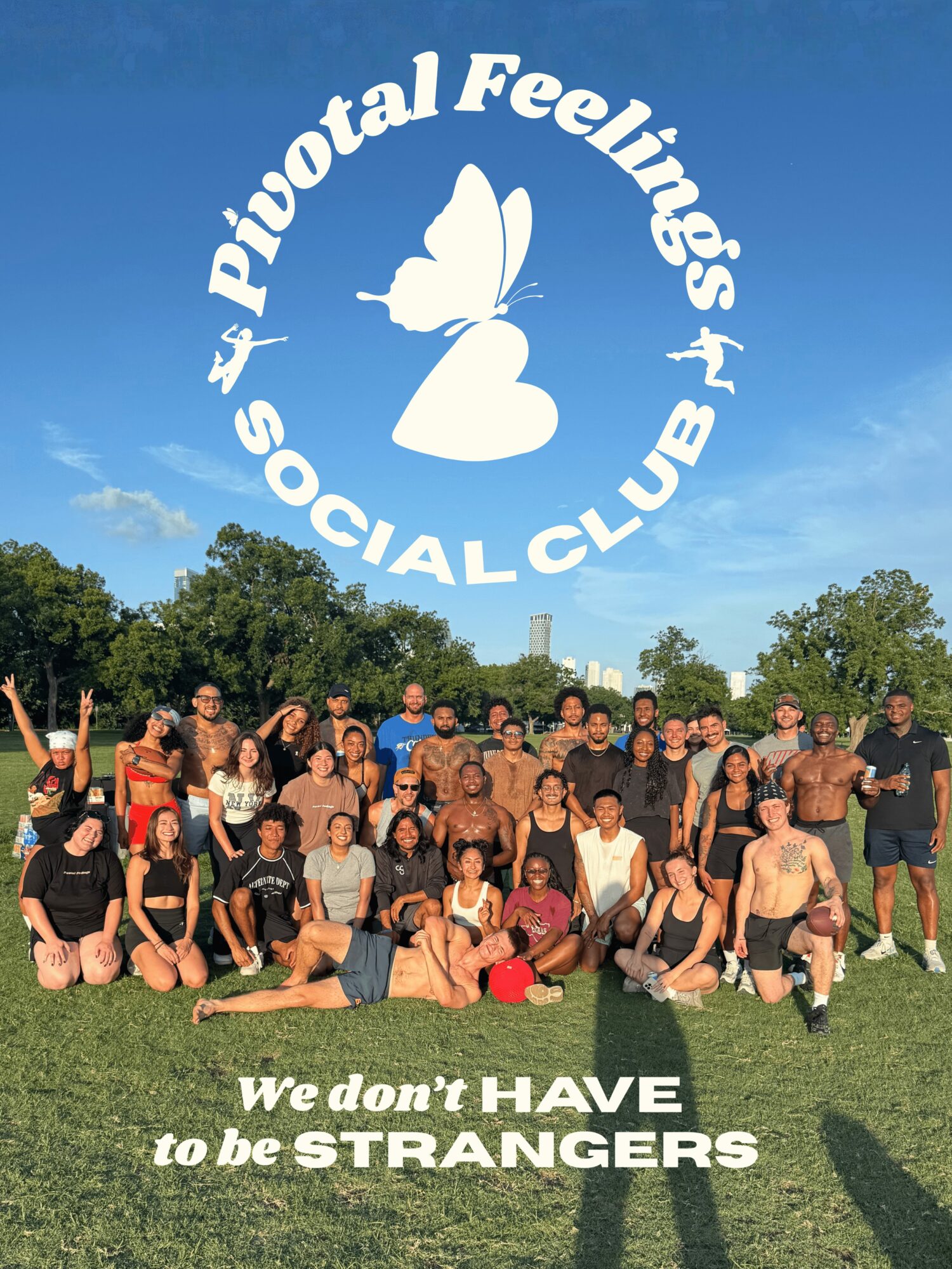 Group of people outdoors with a logo of a butterfly and text about social club and strangers.