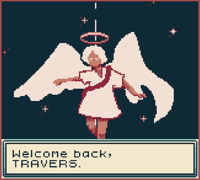 Pixel art angel with wings and halo, floating in space with stars, welcoming a person named Travers.