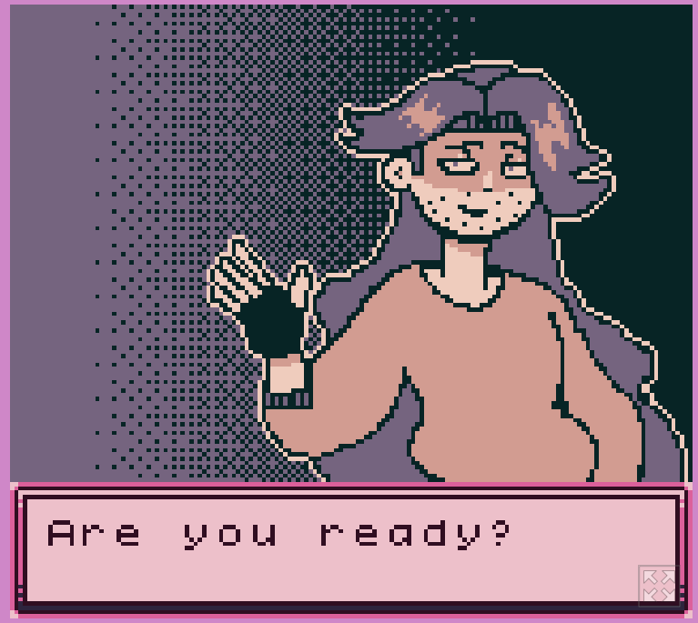 Pixel art character with glasses and long hair, waving, with a speech bubble asking if ready, in a purple background.